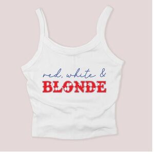 White RED WHITE AND BLONDE ribbed tank top. Size small. Brand new never worn.